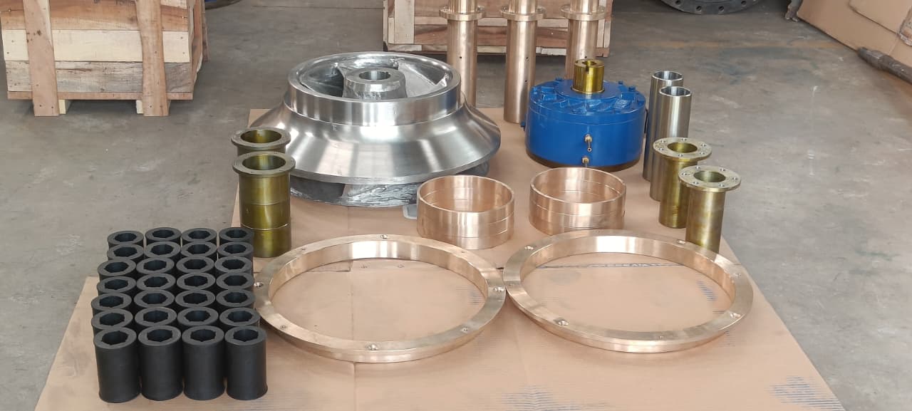Precision machined pump spares — shafts, sleeves, casing rings, impeller and rubber bearings